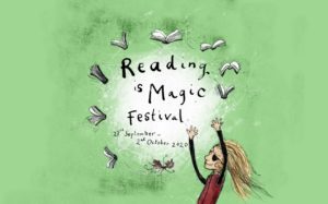 Book cover for Reading is magic with girl on green background