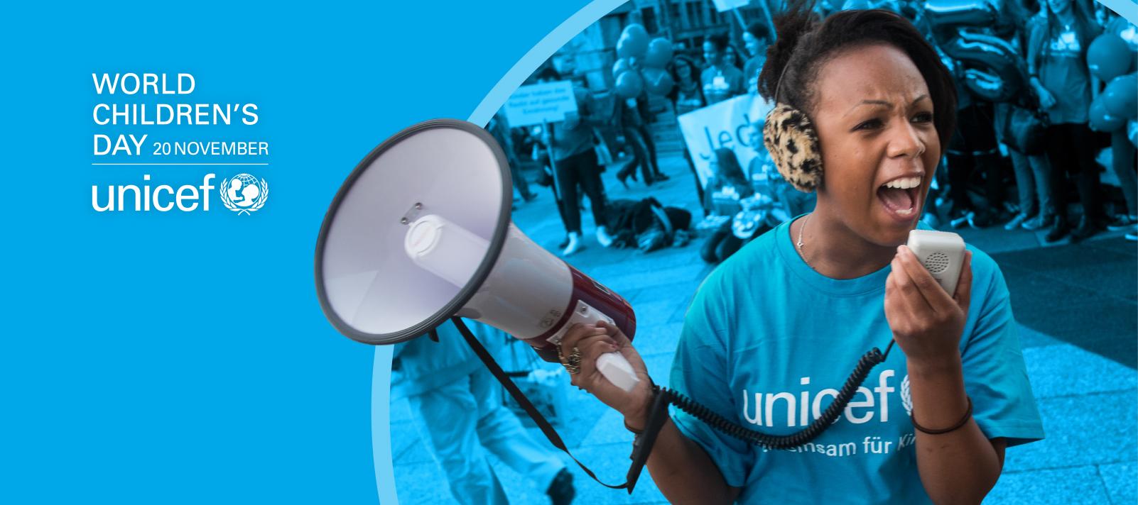 Graphic for UNICEF of a woman holding a megaphone