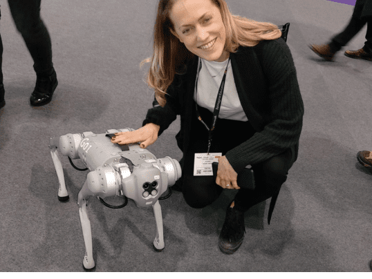 Victoria Annan with GO1 robot at BETT