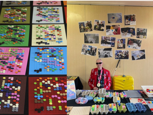 Clarke Reynolds, Braille artist giving a braille art workshop in the exhibition space