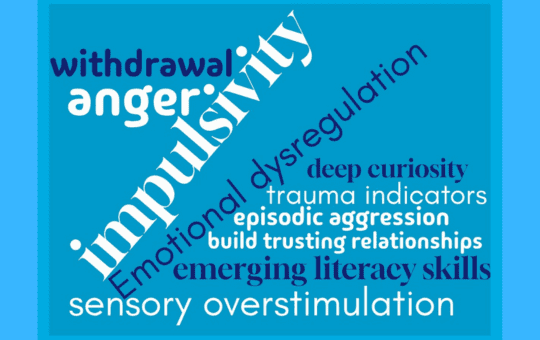 Word cloud -withdrawal, anger, impulsivity, emotional dysregulation, deep curiosity, trauma indicators, episodic aggression, build trusting relationships, emerging literacy skills, sensory overstimulation Word cloud -withdrawal, anger, impulsivity, emotional dysregulation, deep curiosity, trauma indicators, episodic aggression, build trusting relationships, emerging literacy skills, sensory overstimulation