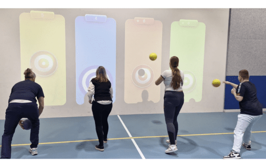 Prisma students Dyanischia and Dani demonstrating how they take part in physical activities using immersive environment in the Sports hall of Prisma college Prisma students Dyanischia and Dani demonstrating how they take part in physical activities using immersive environment in the Sports hall of Prisma college