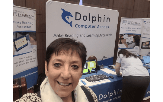 Advisory Teacher Maureen De Longhi at the Dolphin Computer Access stand at Sight Village