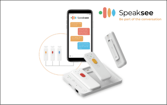 The Speaksee Kit is the world’s first microphone system, specifically designed to create live subtitles for group conversations