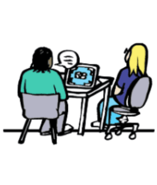 Two people sitting at a table with a tablet Illlustration: Copyright Dr Pen Mendonca