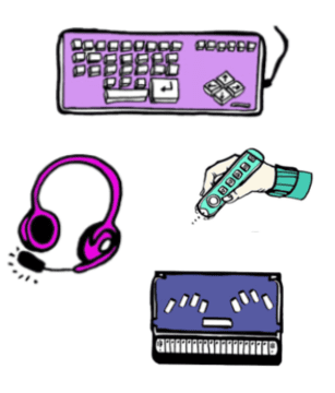 A big key keyboard, a scanning pen, a set of headphones and a braille device