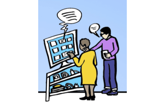 Two people using a large computer screen Illustration: Copyright Dr Pen Mendonca