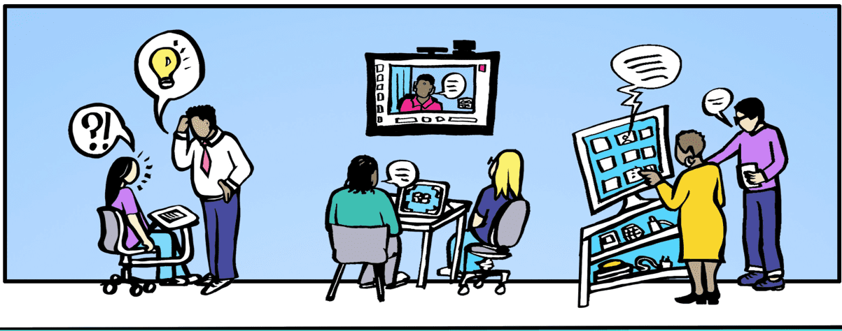 A group of people using several pieces of assistive technology
