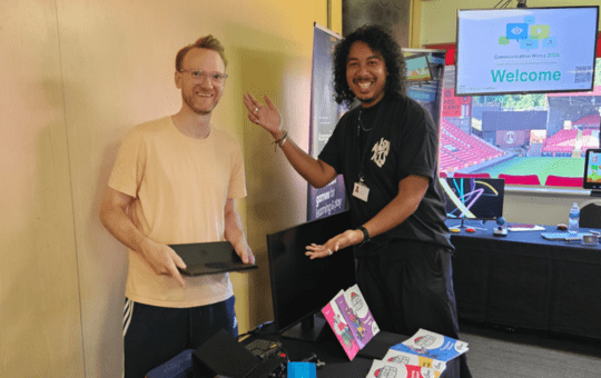 Luke Thompson and Daniel Lawrence setting up the Jaio display Luke Thompson and Daniel Lawrence setting up the Jaio display